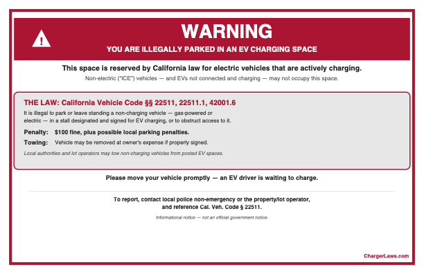 California EV Charging Space Warning Sign referencing Cal. Veh. Code §§ 22511, 22511.1, 42001.6
