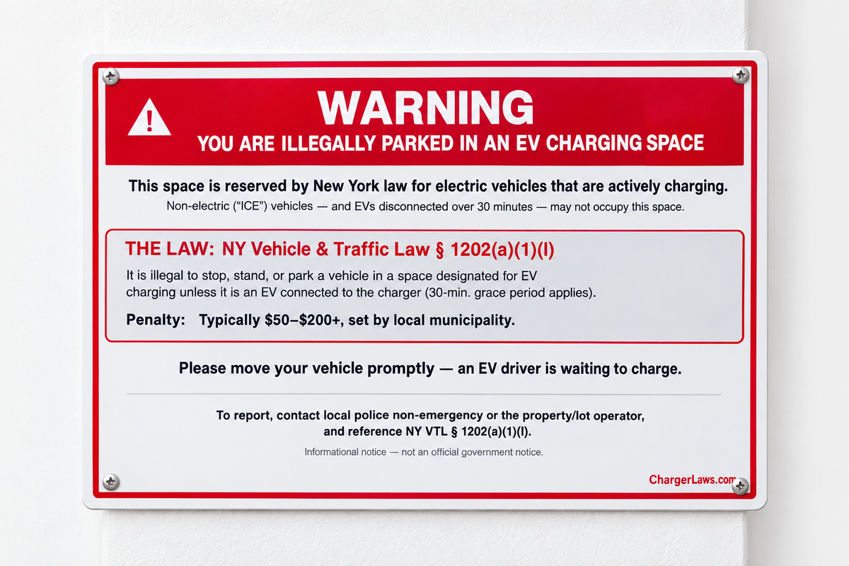 NY EV Charging Space Warning Sign product photo