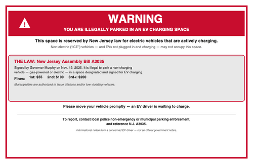 New Jersey EV Charging Space Warning Sign referencing Assembly Bill A3035